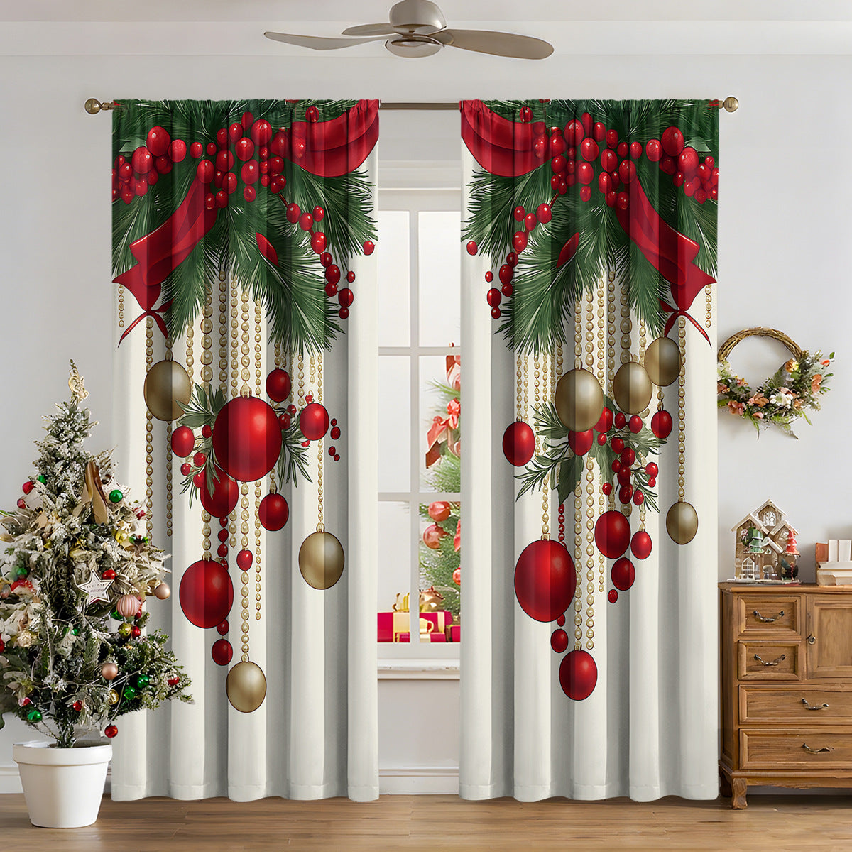 KTX-481811 3D Printed Christmas Curtains for Modern Spaces - Enhanced Sunshade, Polyester, Various Designs