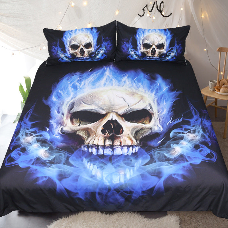 KTX-482067 Blue Flame Skull 3-Piece Bedding Set in Polyester