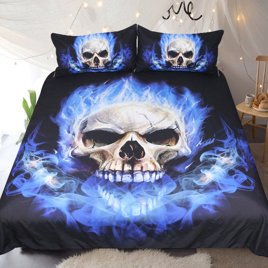 KTX-482067 Blue Flame Skull 3-Piece Bedding Set in Polyester