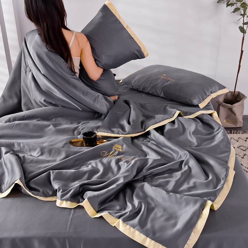 KTX-483411 Washed Silk Summer Quilt Set with Solid Color Embroidery – Fitted Sheet & Pillow Cases, Modern Style