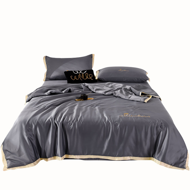 KTX-483411 Washed Silk Summer Quilt Set with Solid Color Embroidery – Fitted Sheet & Pillow Cases, Modern Style