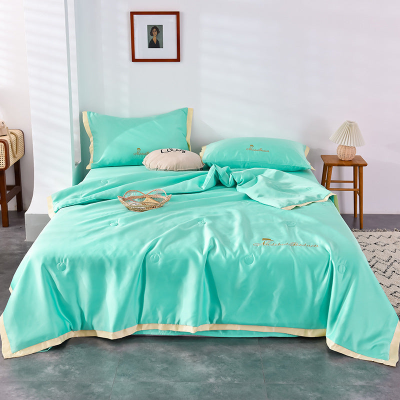 KTX-483411 Washed Silk Summer Quilt Set with Solid Color Embroidery – Fitted Sheet & Pillow Cases, Modern Style