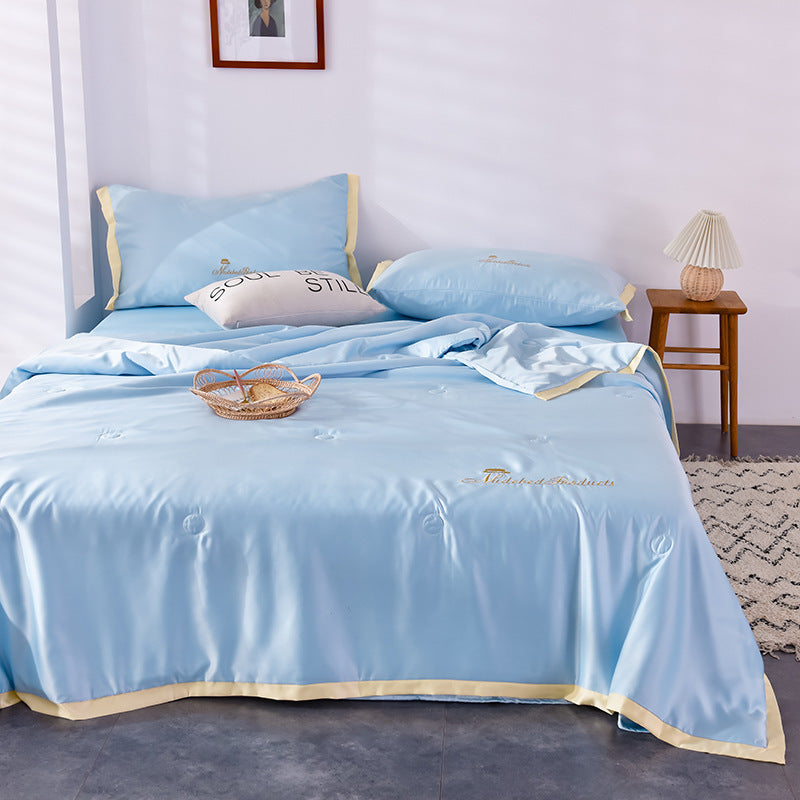 KTX-483411 Washed Silk Summer Quilt Set with Solid Color Embroidery – Fitted Sheet & Pillow Cases, Modern Style