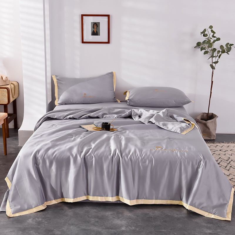 KTX-483411 Washed Silk Summer Quilt Set with Solid Color Embroidery – Fitted Sheet & Pillow Cases, Modern Style