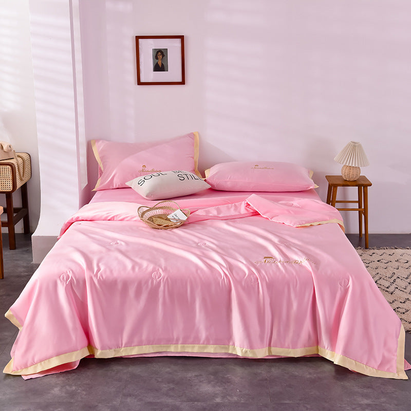 KTX-483411 Washed Silk Summer Quilt Set with Solid Color Embroidery – Fitted Sheet & Pillow Cases, Modern Style