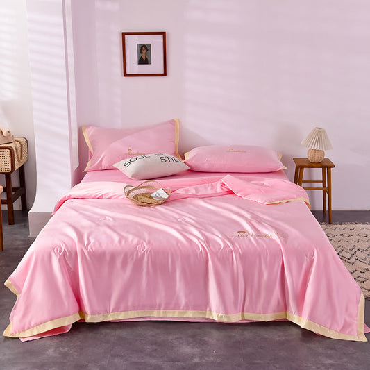 KTX-483411 Washed Silk Summer Quilt Set with Solid Color Embroidery – Fitted Sheet & Pillow Cases, Modern Style