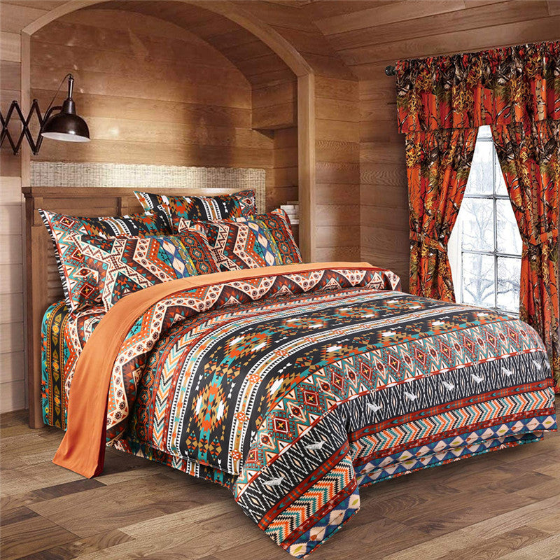 KTX-484883 Bohemian-Inspired Polyester Four-Piece Bedding Set with Duvet Cover and Pillowcases