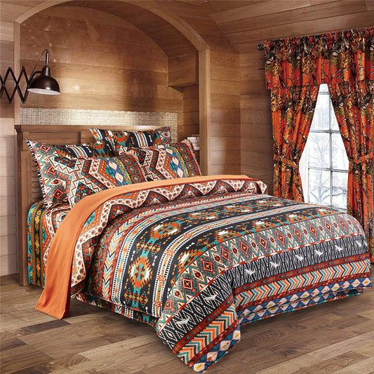 KTX-484883 Bohemian-Inspired Polyester Four-Piece Bedding Set with Duvet Cover and Pillowcases