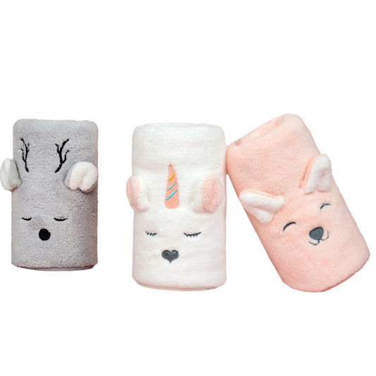 KTX-485139 Cute Cartoon Coral Fleece Face Towel for Children - Fawn & Unicorn Design, 34X76cm, Soft and Highly Absorbent