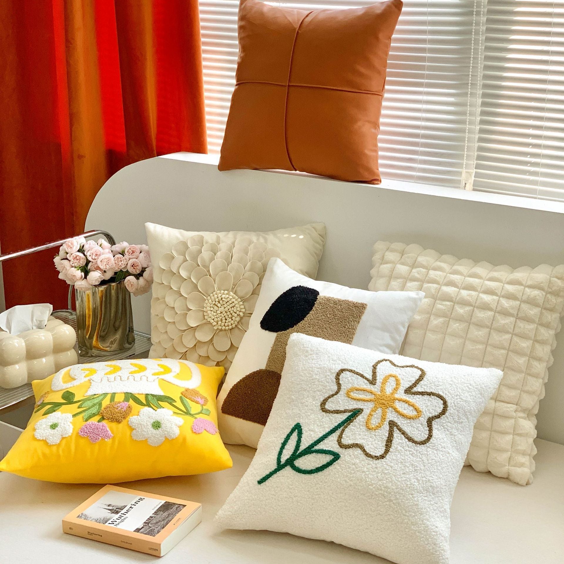 KTX-485523 Brown Floral Embroidered Cream Decorative Pillowcase - Modern Style 45x45 cm