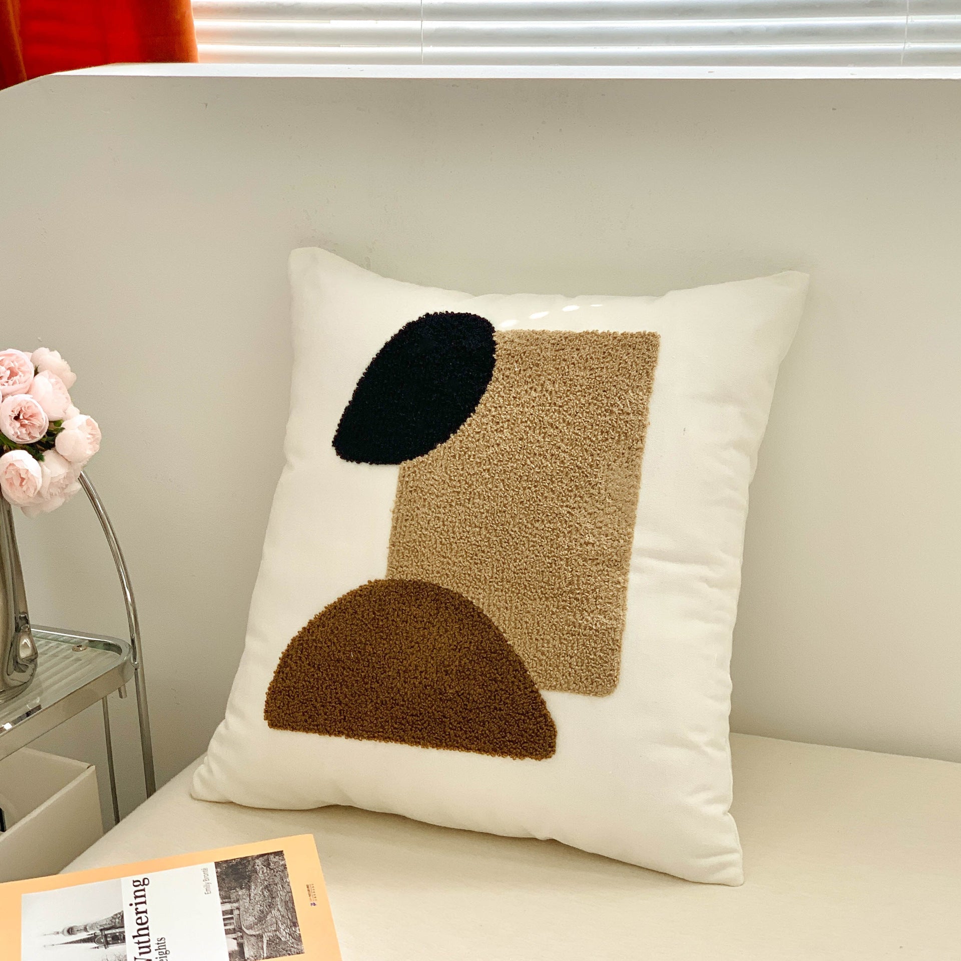 KTX-485523 Brown Floral Embroidered Cream Decorative Pillowcase - Modern Style 45x45 cm