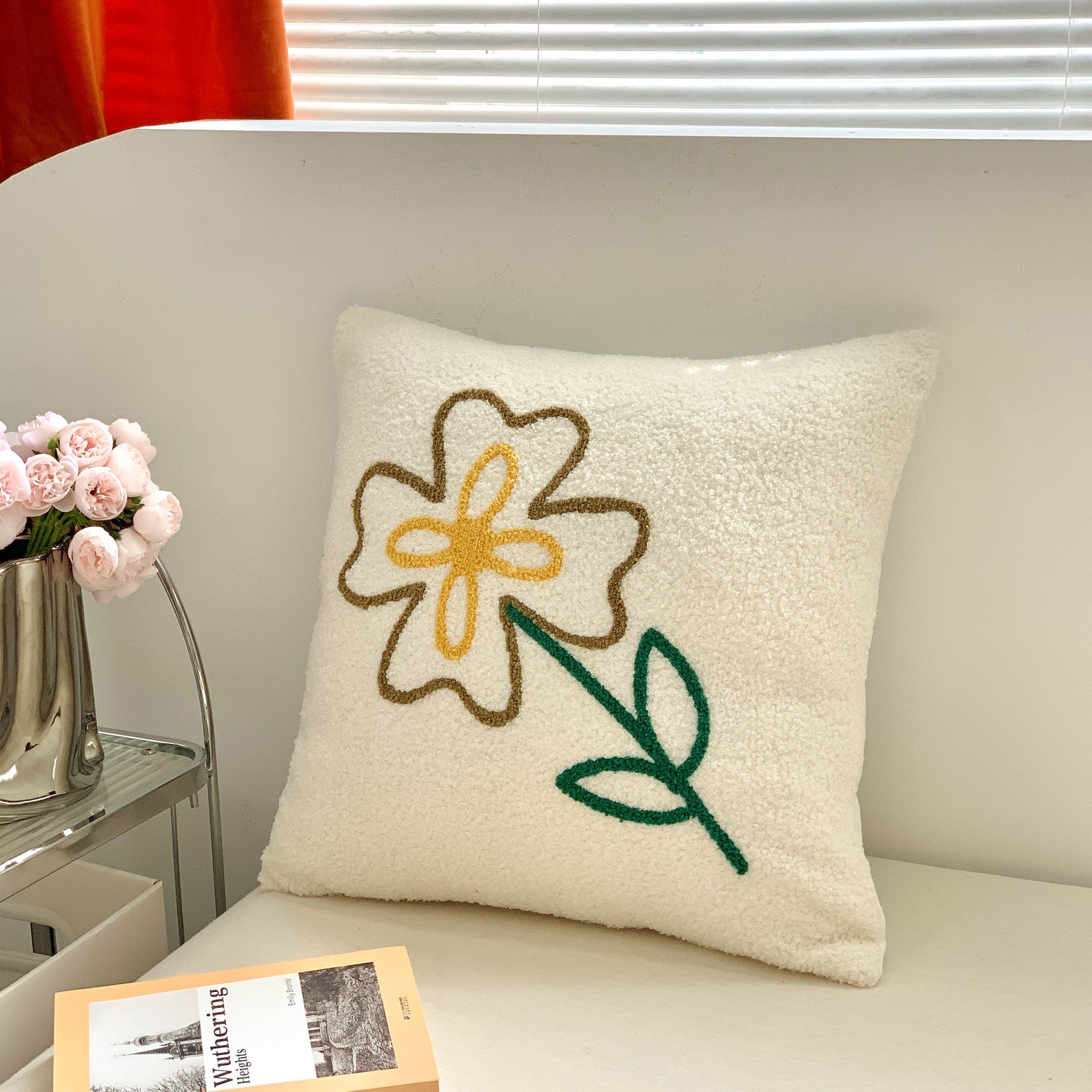 KTX-485523 Brown Floral Embroidered Cream Decorative Pillowcase - Modern Style 45x45 cm