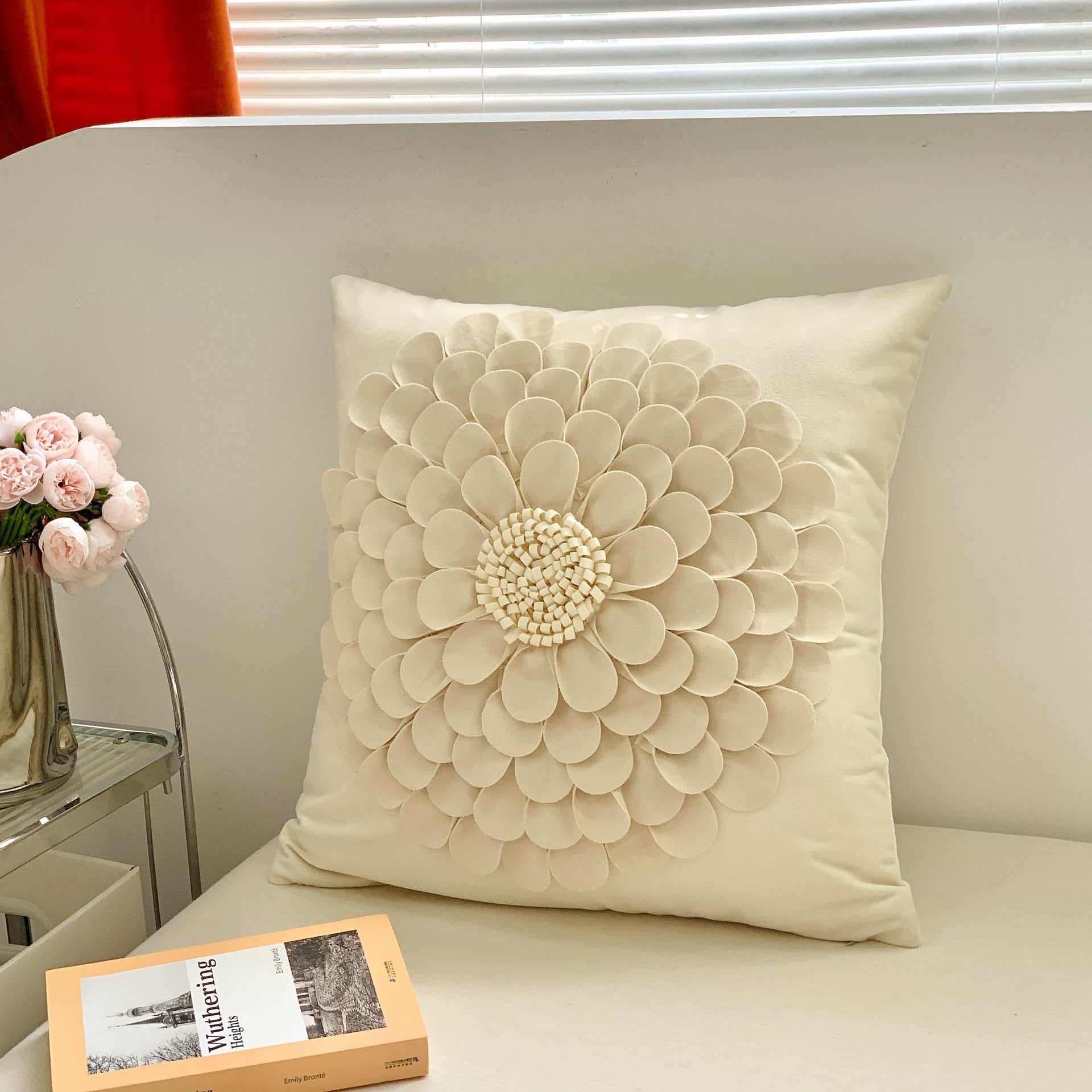 KTX-485523 Brown Floral Embroidered Cream Decorative Pillowcase - Modern Style 45x45 cm
