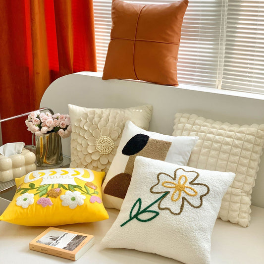 KTX-485523 Brown Floral Embroidered Cream Decorative Pillowcase - Modern Style 45x45 cm