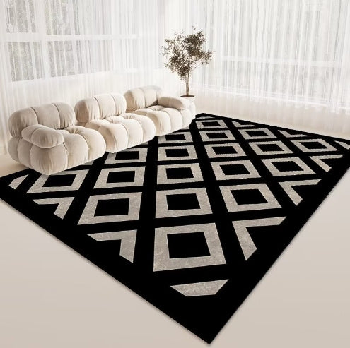 KTX-487699 Checkered Black and White Crystal Velvet Area Rug – Modern Square Carpet for Living Room and Bedroom