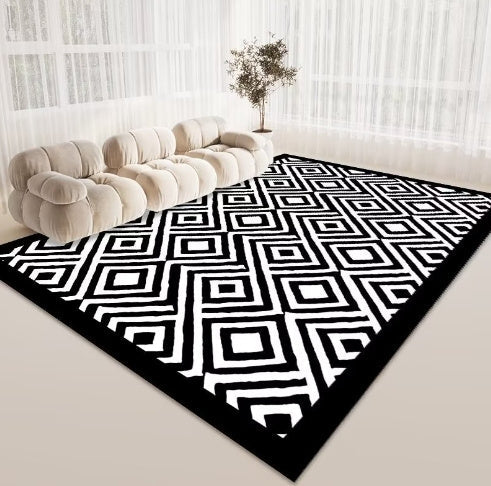 KTX-487699 Checkered Black and White Crystal Velvet Area Rug – Modern Square Carpet for Living Room and Bedroom