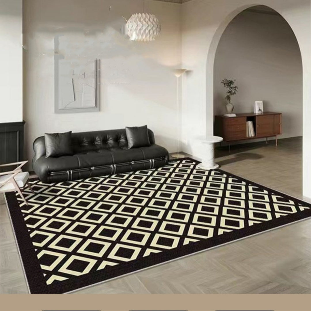 KTX-487699 Checkered Black and White Crystal Velvet Area Rug – Modern Square Carpet for Living Room and Bedroom