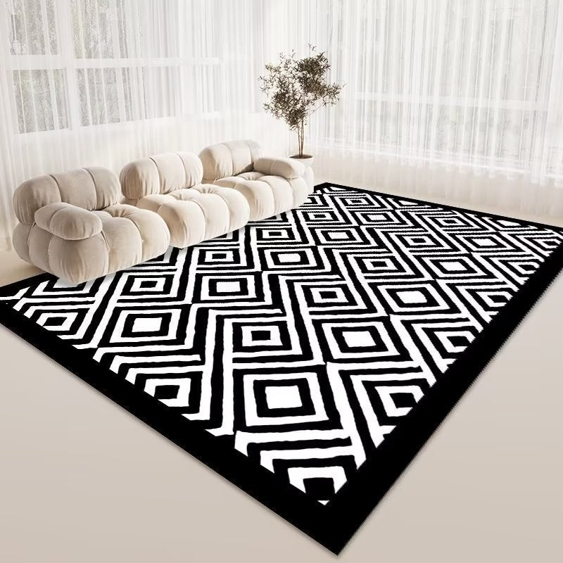 KTX-487699 Checkered Black and White Crystal Velvet Area Rug – Modern Square Carpet for Living Room and Bedroom