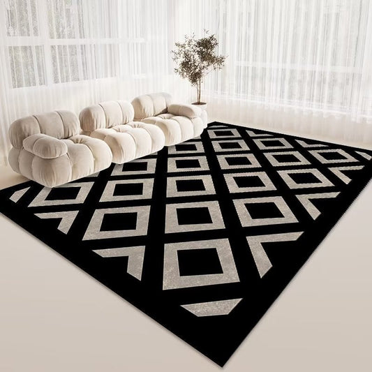 KTX-487699 Checkered Black and White Crystal Velvet Area Rug – Modern Square Carpet for Living Room and Bedroom