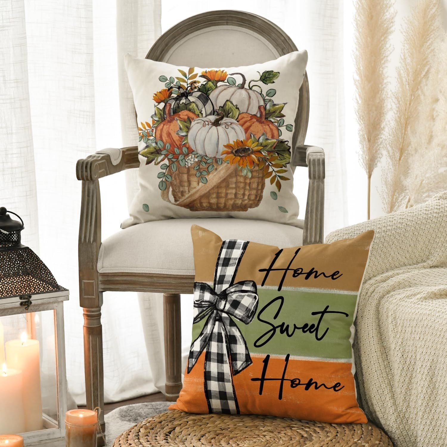 KTX-487827 Fall Pumpkin Truck Sunflowers Throw Pillow Cover, 18 x 18 Inch Autumn Home Decor