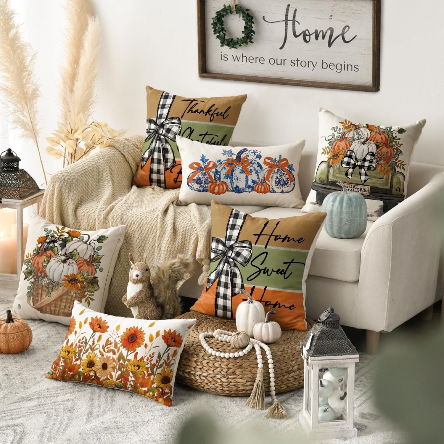 KTX-487827 Fall Pumpkin Truck Sunflowers Throw Pillow Cover, 18 x 18 Inch Autumn Home Decor