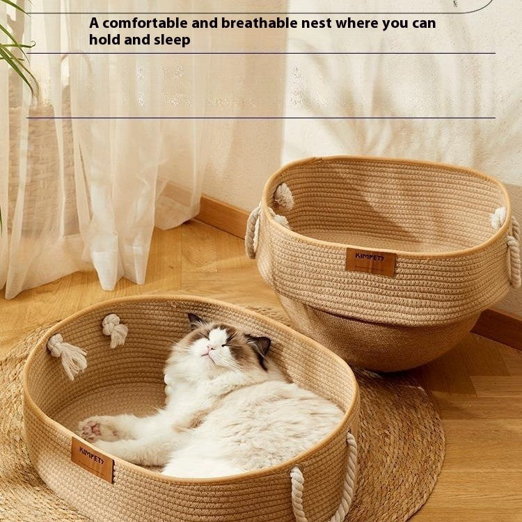 KTX-489299 Universal Cat Nest Woven Cotton and Linen Basket for All Seasons and Scratching