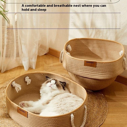 KTX-489299 Universal Cat Nest Woven Cotton and Linen Basket for All Seasons and Scratching