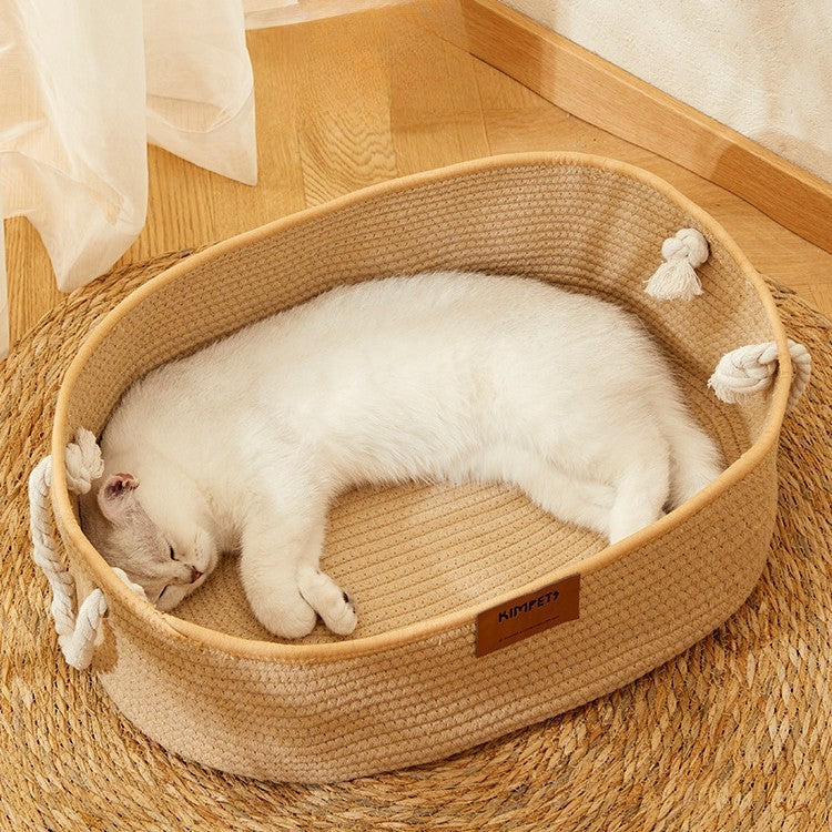 KTX-489299 Universal Cat Nest Woven Cotton and Linen Basket for All Seasons and Scratching