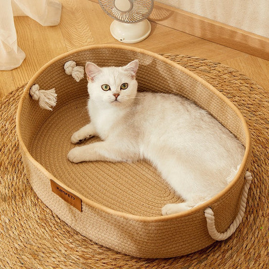 KTX-489299 Universal Cat Nest Woven Cotton and Linen Basket for All Seasons and Scratching