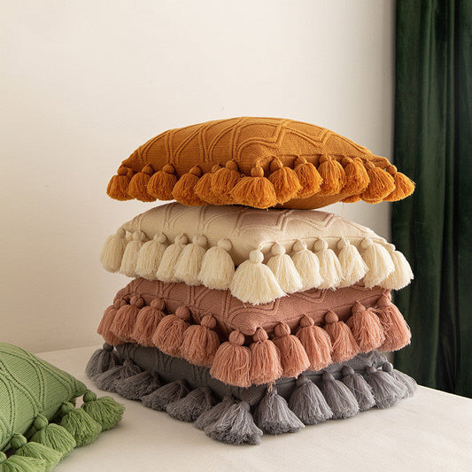 KTX-491091 Tassel Geometric Knitted Throw Pillow Cover - Avocado Green, Light Gray, Beige, Rose Pink, Warm Orange, 45x45cm