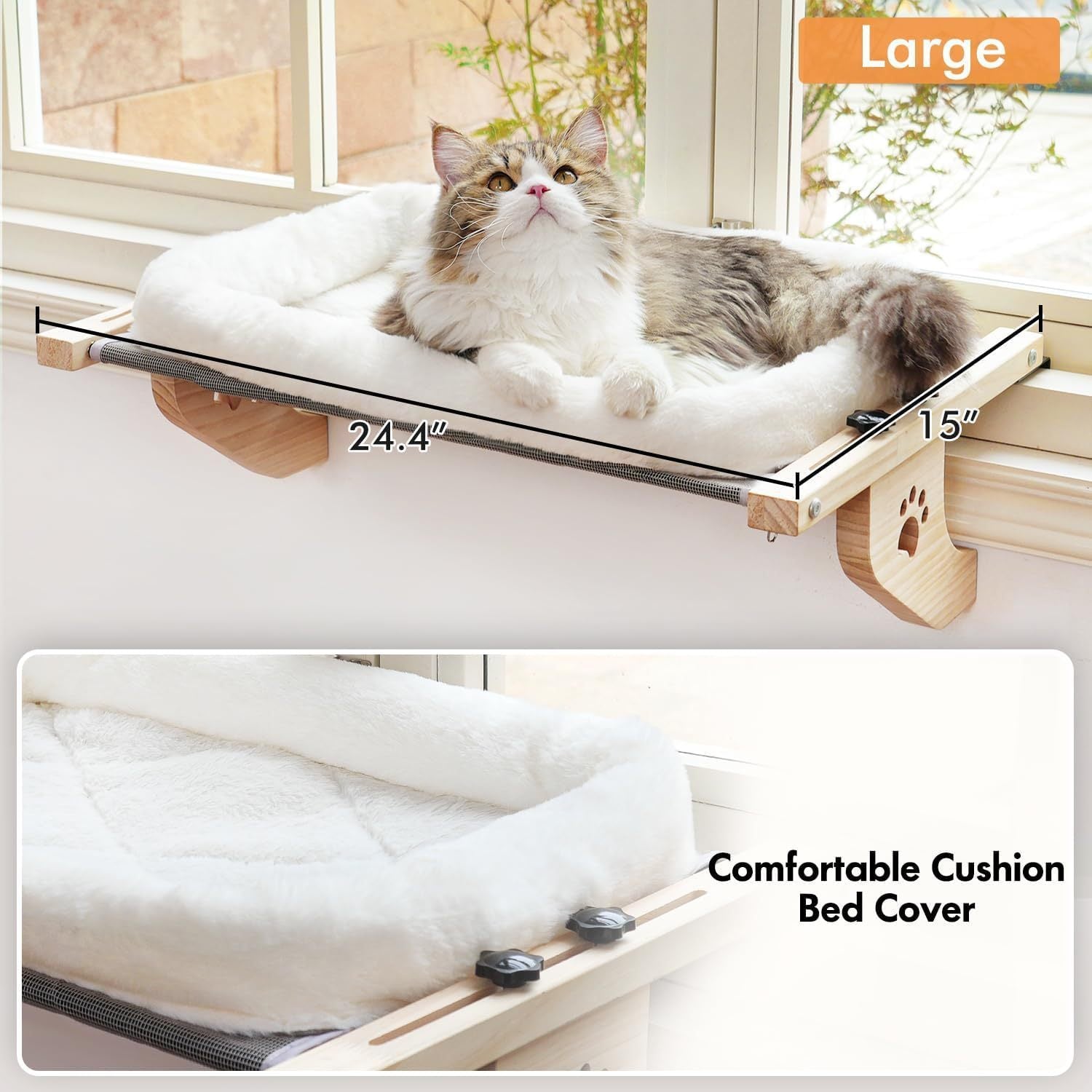 KTX-491603 Cat Window Hammock with Cotton Cushion - Wooden Pet Bed for Cats, 62x38cm