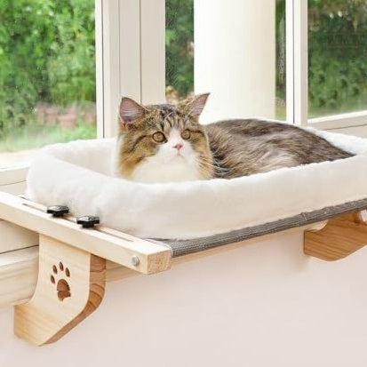 KTX-491603 Cat Window Hammock with Cotton Cushion - Wooden Pet Bed for Cats, 62x38cm