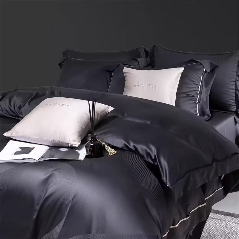 KTX-491795 Cotton Jacquard 4-Piece Bed Sheet and Duvet Cover Set in Faint Gold and Gray