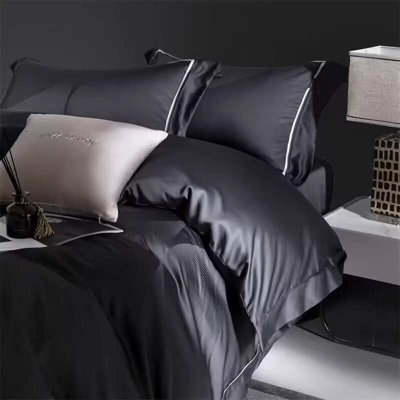 KTX-491795 Cotton Jacquard 4-Piece Bed Sheet and Duvet Cover Set in Faint Gold and Gray