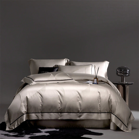 KTX-491795 Cotton Jacquard 4-Piece Bed Sheet and Duvet Cover Set in Faint Gold and Gray