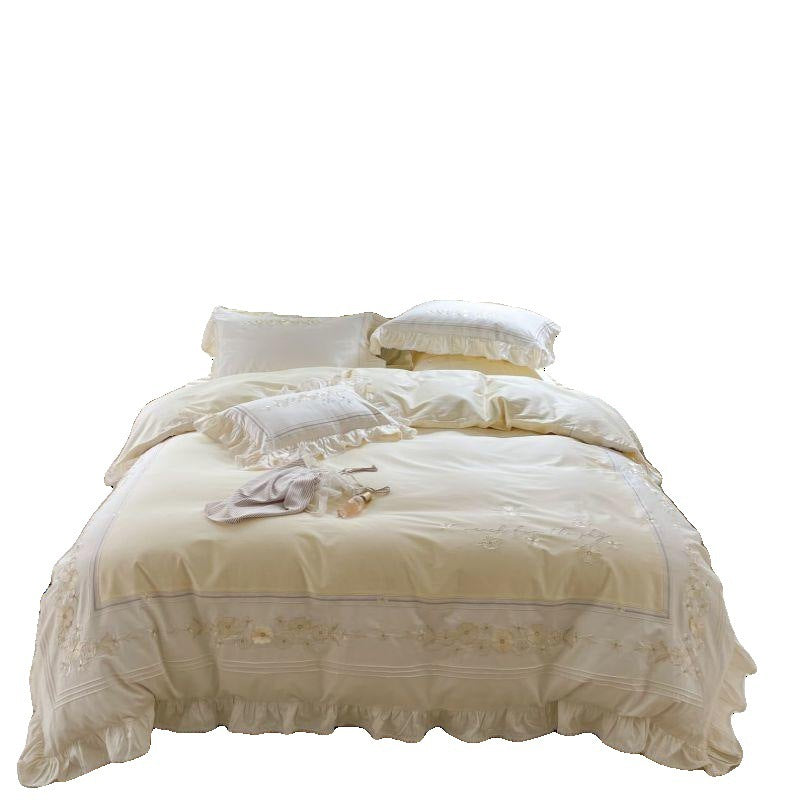 KTX-492627 High-End Four-Piece Pure Cotton Bed Set with Lace Details - Modern Sydney Floral Design for 1.5m Bed
