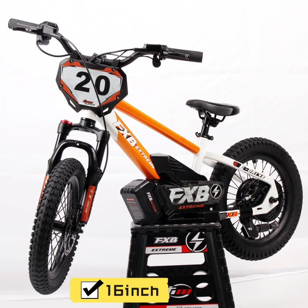 KTX-492883 Extreme Electric Bike for Kids - White/Orange, Battery-Powered, Off-Road Tires, Safe and Comfortable Ride