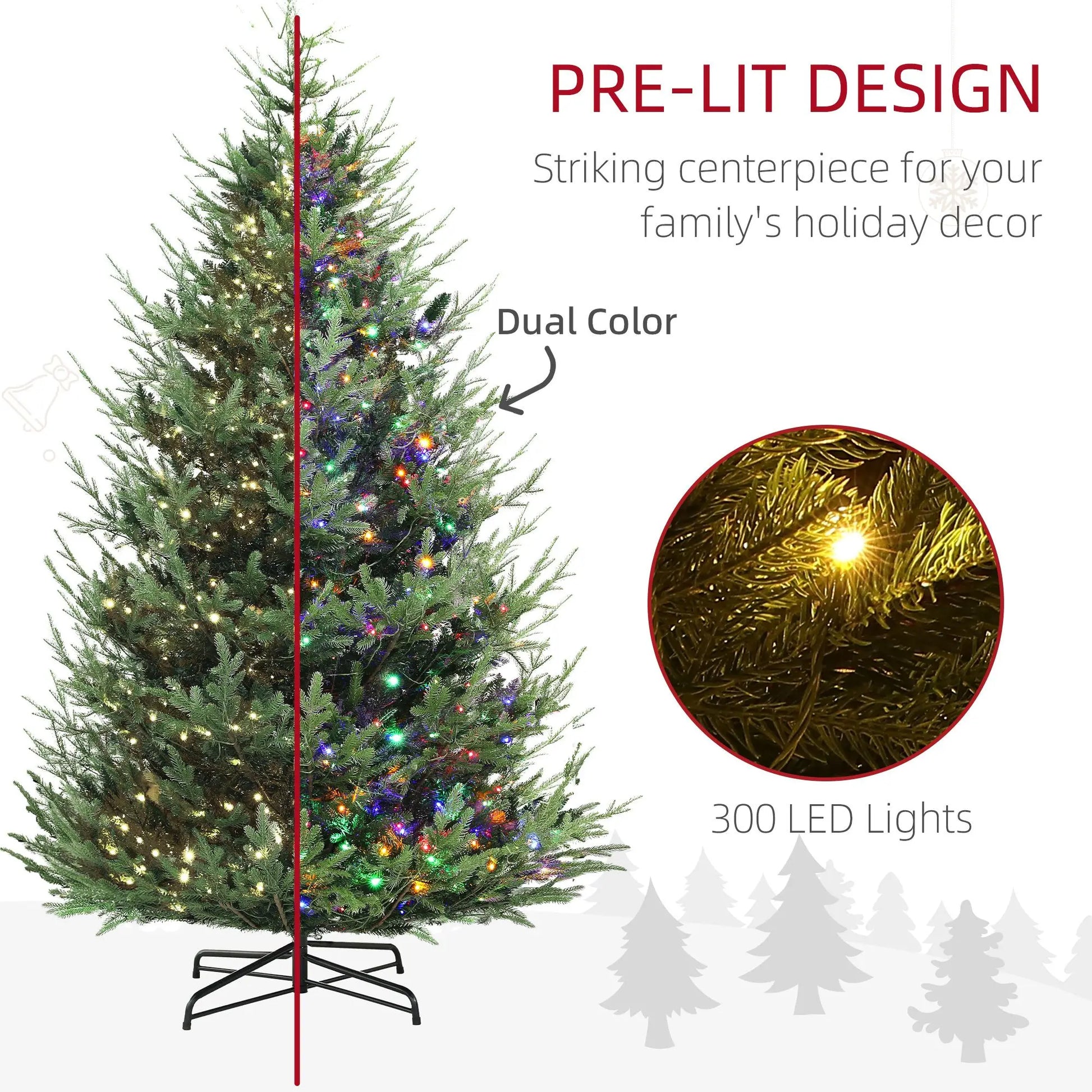 KTX-494227 9 ft Green Prelit Artificial Christmas Tree with 300 LED Lights and Wide Metal Base