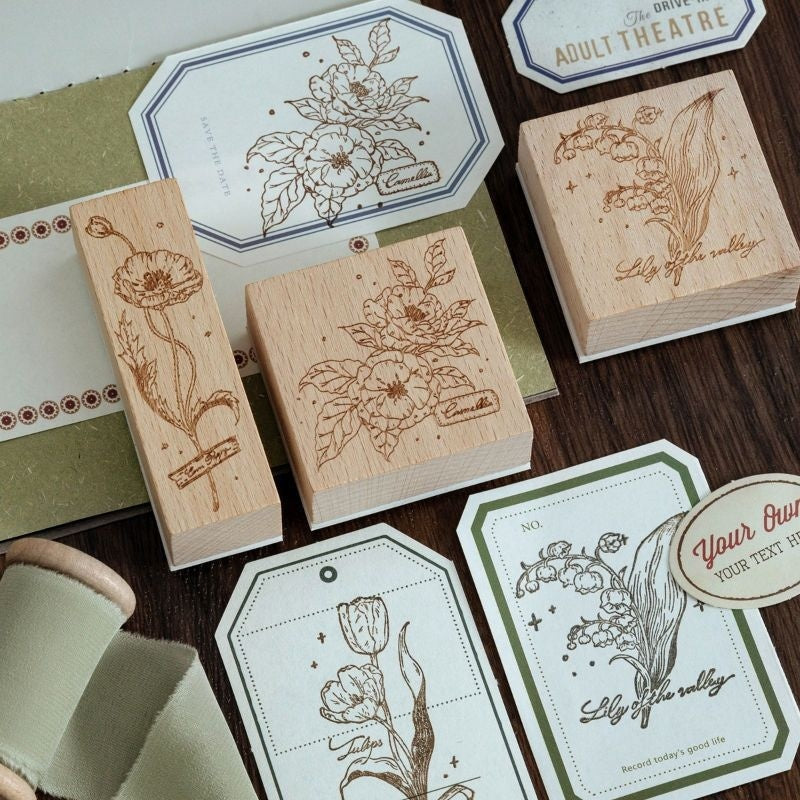 KTX-494547 Artistic Flower Wooden Stamp Set with Ink - Ideal for DIY Notebook Decoration