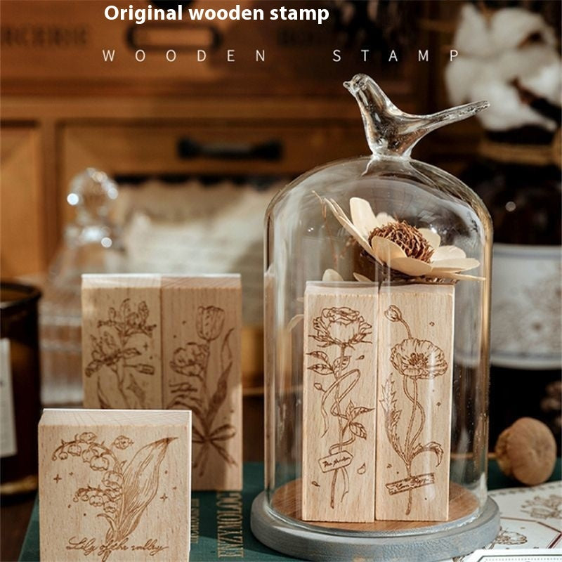 KTX-494547 Artistic Flower Wooden Stamp Set with Ink - Ideal for DIY Notebook Decoration