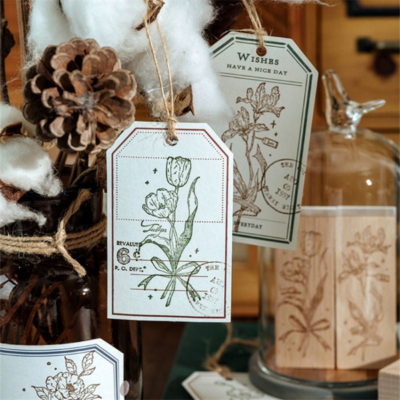 KTX-494547 Artistic Flower Wooden Stamp Set with Ink - Ideal for DIY Notebook Decoration