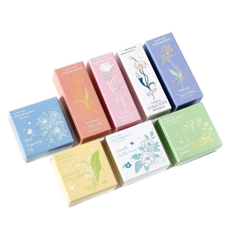 KTX-494547 Artistic Flower Wooden Stamp Set with Ink - Ideal for DIY Notebook Decoration