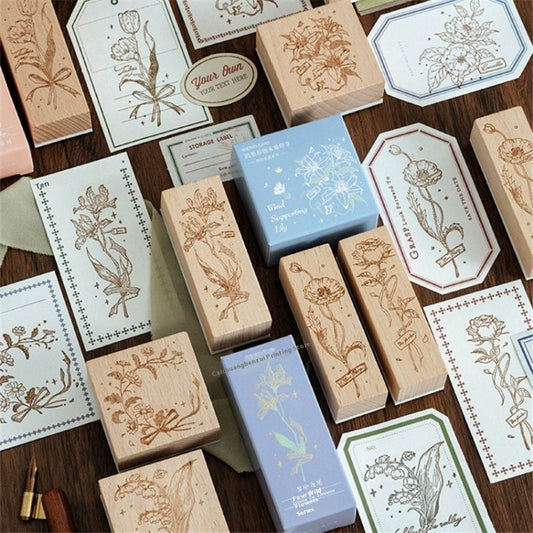 KTX-494547 Artistic Flower Wooden Stamp Set with Ink - Ideal for DIY Notebook Decoration