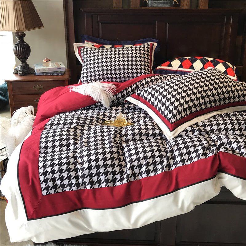 KTX-496083 Cotton North Velvet Houndstooth Bedding Set - 4 Piece Quilt Cover, Sheets, Pillow Cases