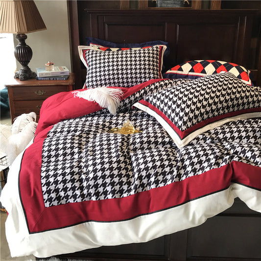 KTX-496083 Cotton North Velvet Houndstooth Bedding Set - 4 Piece Quilt Cover, Sheets, Pillow Cases