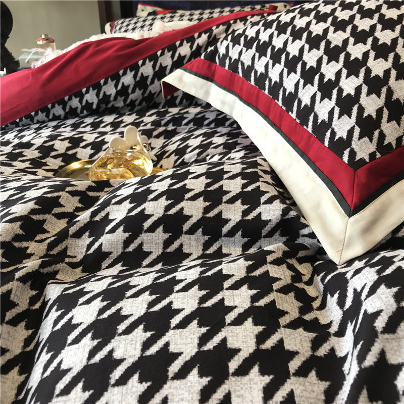 KTX-496083 Cotton North Velvet Houndstooth Bedding Set - 4 Piece Quilt Cover, Sheets, Pillow Cases