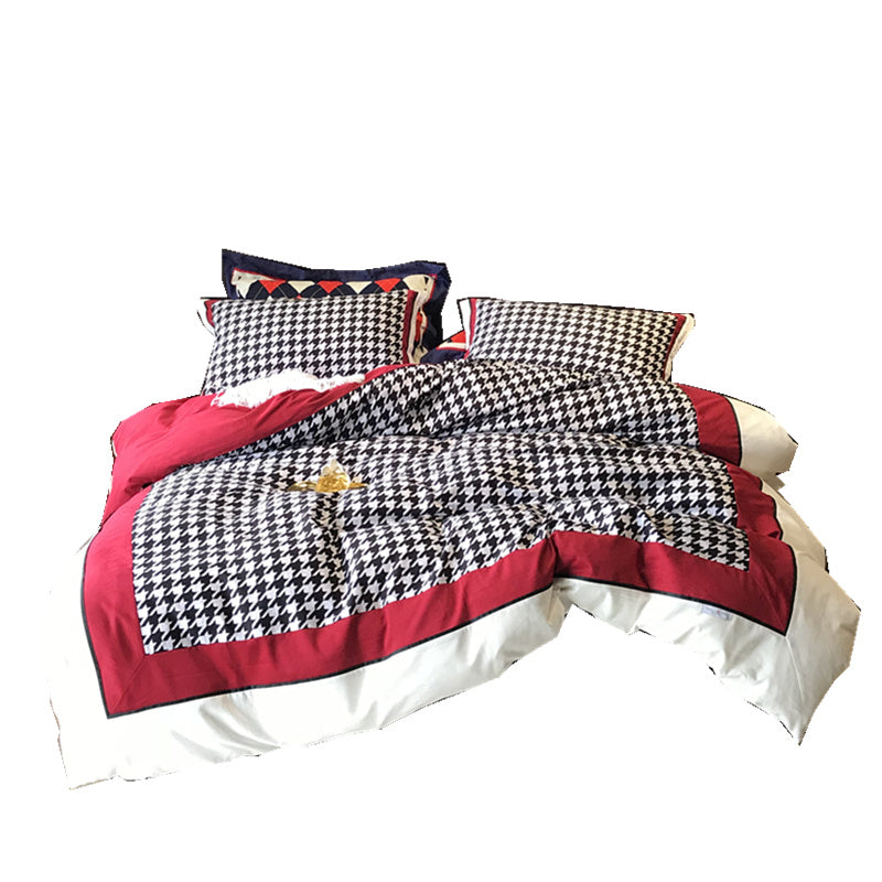 KTX-496083 Cotton North Velvet Houndstooth Bedding Set - 4 Piece Quilt Cover, Sheets, Pillow Cases