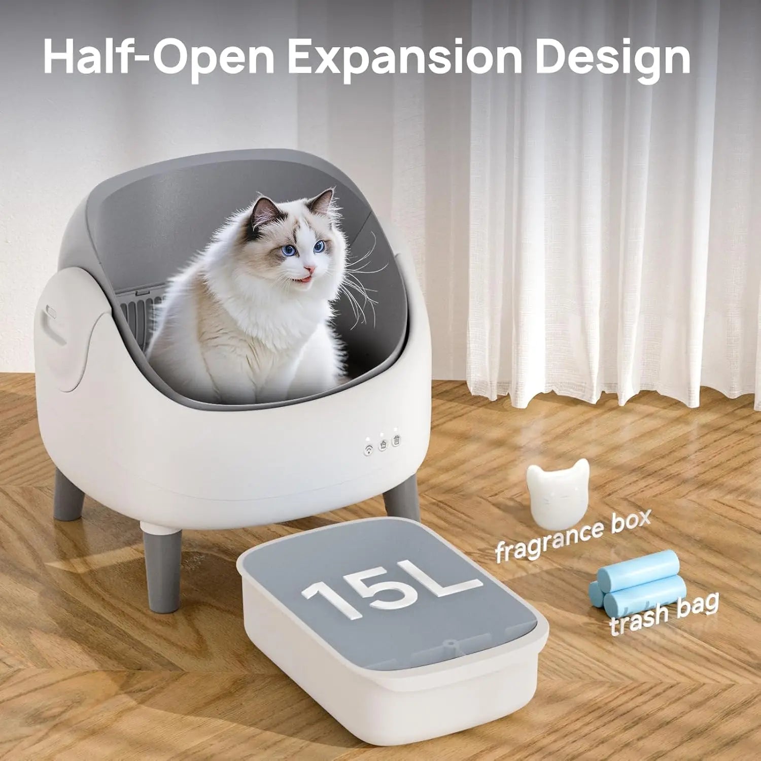 KTX-497363 Automatic Self-Cleaning Cat Litter Box with APP Control and Dual Safety Sensors, Grey-White Plastic