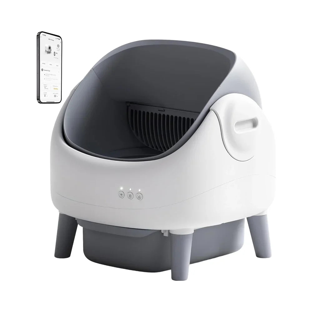 KTX-497363 Automatic Self-Cleaning Cat Litter Box with APP Control and Dual Safety Sensors, Grey-White Plastic