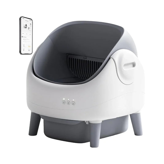 KTX-497363 Automatic Self-Cleaning Cat Litter Box with APP Control and Dual Safety Sensors, Grey-White Plastic